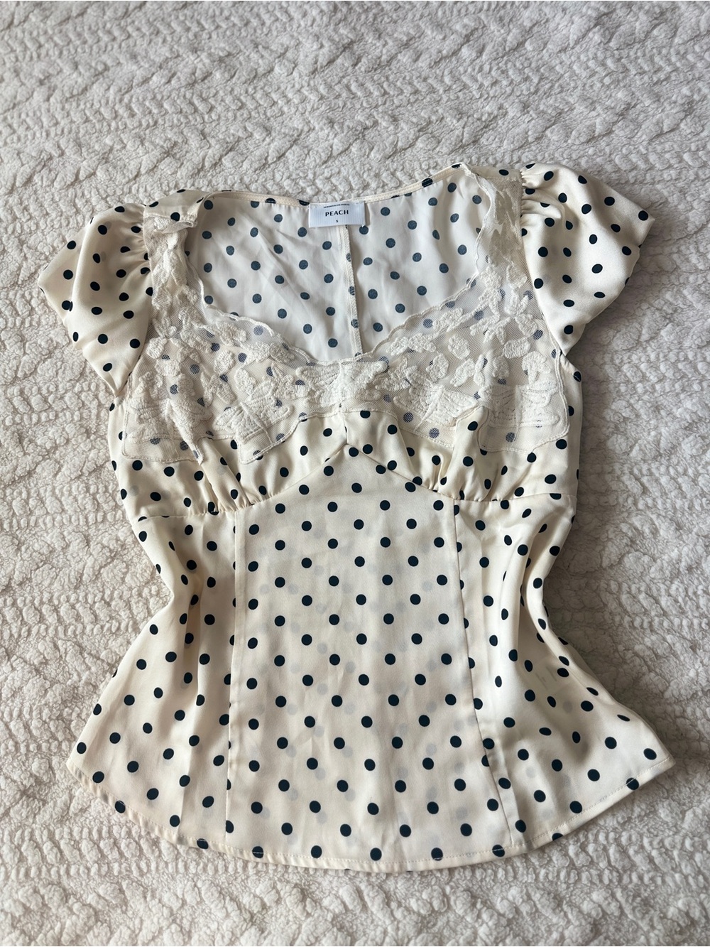 Cream Polka Dot Lace-Trim Cap Sleeve Top